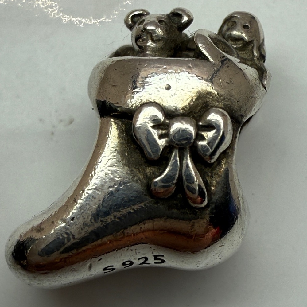 Pandora Retired Christmas Stocking Teddy Bear Charm ALE 925 Sterling Silver